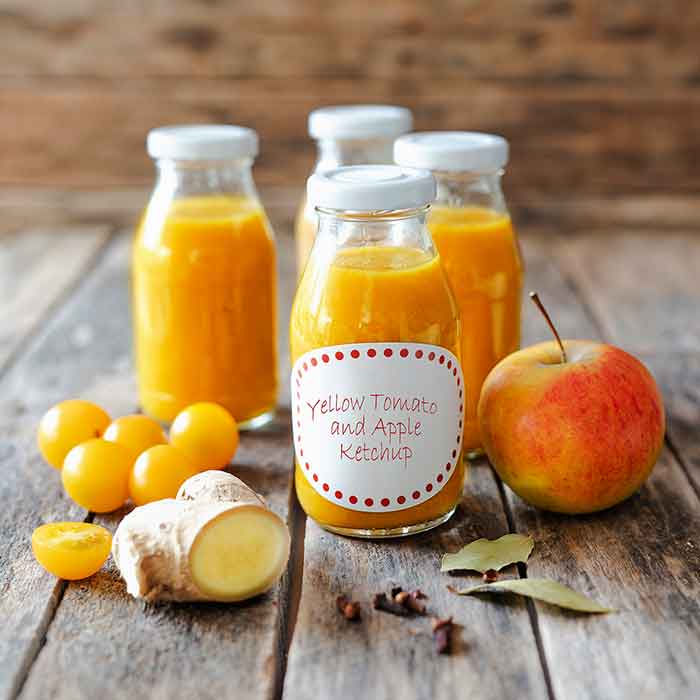Homemade yellow tomato ketchup with apple and ginger